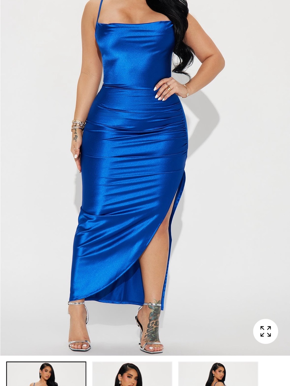 Fashion Nova Royal Blue Satin Cowl Neck Prom Dress